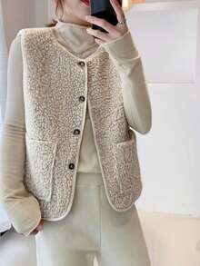 YUXIN Women's Autumn/Winter Essential! Soft Faux Lamb Fleece Sleeveless Cardigan Vest, Dual Pocket Design, Super Warm & Versatile, Suitable For Daily Wear - Apricot - View 11