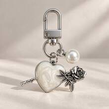 1pc/3pcs Women's Drip Oil Alloy Heart Peach Rose Pendant Faux Pearl Keychain, Gothic Style Halloween Gift Bag Charm Wallet Accessory - Multicolor - View 8