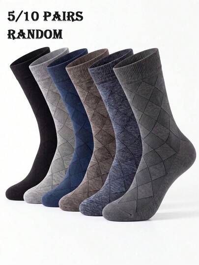 5/10 Pairs Random Assortment Men's Minimalist Business Diamond Pattern Mid-Calf Socks, Soft Breathable Comfortable Vintage Gentleman Socks Suitable For Office Daily Wear And Gift
