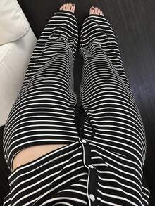2pcs Women's Pajama Set, V-Neck Cardigan Striped Print Long Sleeve Pants, Easy Care Fabric - Black and White - View 9