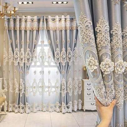 1 buah Tirai Blackout Ganda Mewah Abu-abu dengan Bordir Bunga 3D, Tirai Jendela Elegan dengan Lubang Atas dan Bunga Gading Timbul, Panel Tirai Romantis Terinspirasi Istana Eropa untuk Ruang Tamu, Kamar Tidur, Ruang Makan