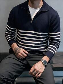 Men's Striped Half-Zip Stand Collar Knit Polo Shirt, Light Business Casual Long Sleeve Top - Black - View 2