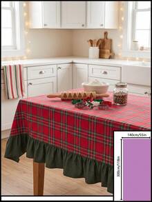 1pc Red & Green Classic Large Plaid Tablecloth, Traditional Country Style, Rectangular Green Leaf Edge With Pleated Details, Stain-Resistant Protective Table Cover, Functional Home Long Tablecloth Suitable For Christmas Family Gatherings And Winter Holiday Kitchen Decor - Red - View 12