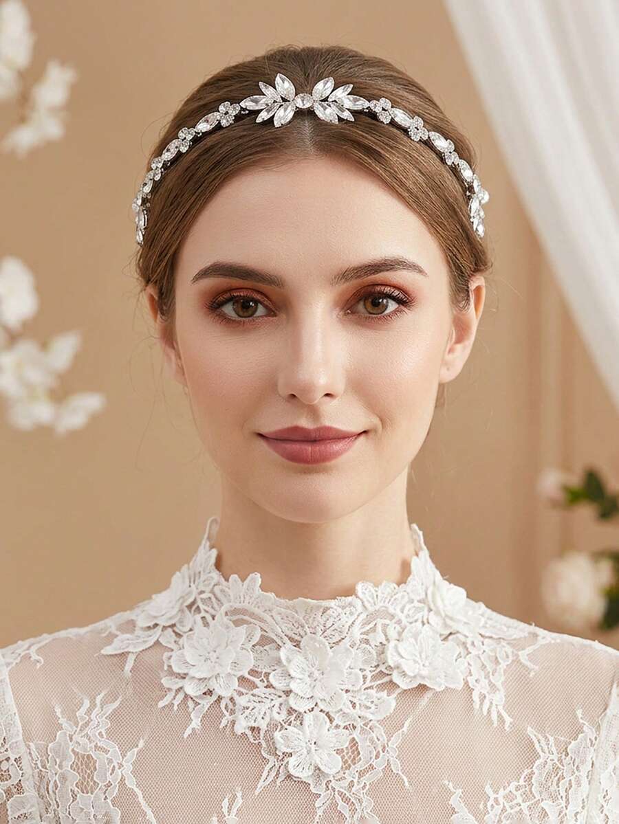 1Pc Silver Rhinestone Flower Bridal Hair Comb Handmade Women's Hair Band Suitable For Wedding Festival Party Hair Accessories