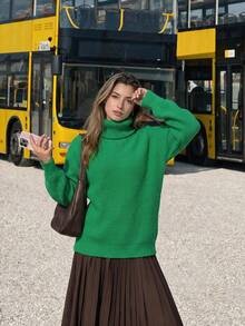 Women's Casual Fall Winter Turtleneck Rib Knit Tee Long Sleeve T-Shirt Loose Fit Pullover Tops For Everyday Going Out Vacation - Green - View 8