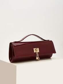 REMANLAND Glossy Burgundy Handbag, Minimalist Square Design, Gold Hardware Accents, Decorative Pendant Chain, Fashionable Choice For Dinner Dates And Parties - Burgundy - View 3