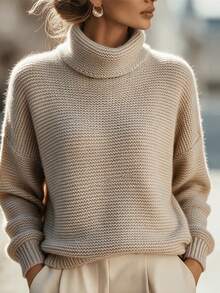Women's Oatmeal Chunky Knit Cowl Turtleneck Drop Shoulder Oversized Pullover Sweater, Casual Lazy Cozy Fall Winter Daily Wear - Apricot - View 3
