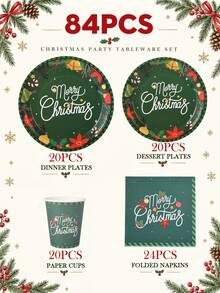 10/20pcs Christmas Disposable Paper Tableware Set, Includes 7-Inch And 9-Inch Plates, Cups, Napkins And Straws; Featuring Deep Green "Merry Christmas", Poinsettia And Bell Decorative Patterns, Suitable For Christmas Parties, Holiday Dinners, Winter Celebrations And Holiday Table Decor. - Multicolor 3 - View 17