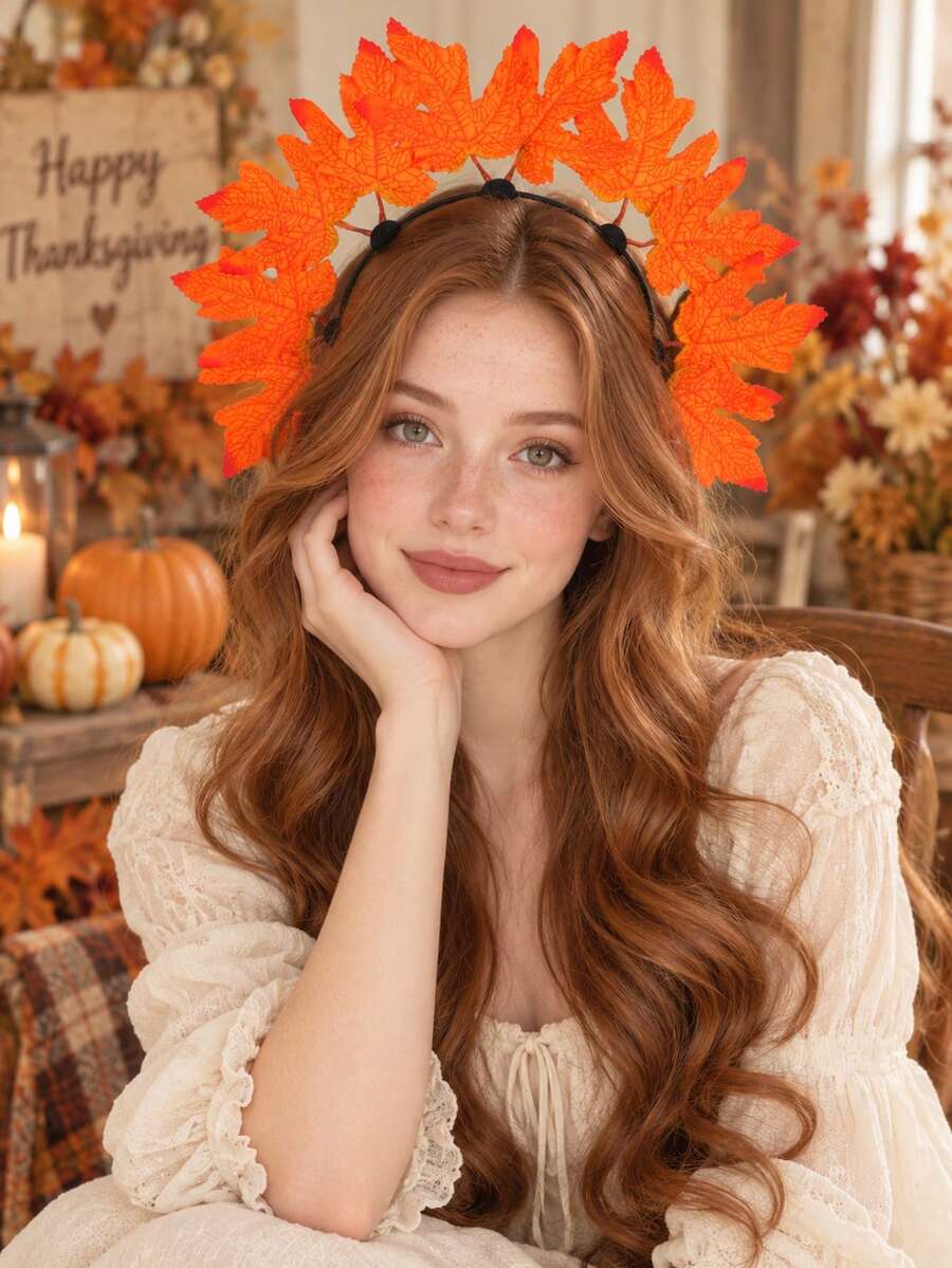 Bando Daun Maple Oranye untuk Musim Gugur, Aksesori Rambut untuk Pesta Thanksgiving, Halloween, Prom, dan Acara Luar Ruangan untuk Wanita - MultiWarna - View 1