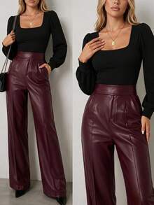 Women's High-Waisted Leather Pants With Pockets And A Slight Width Towards The Ankle., 37373 - Burgundy - View 1