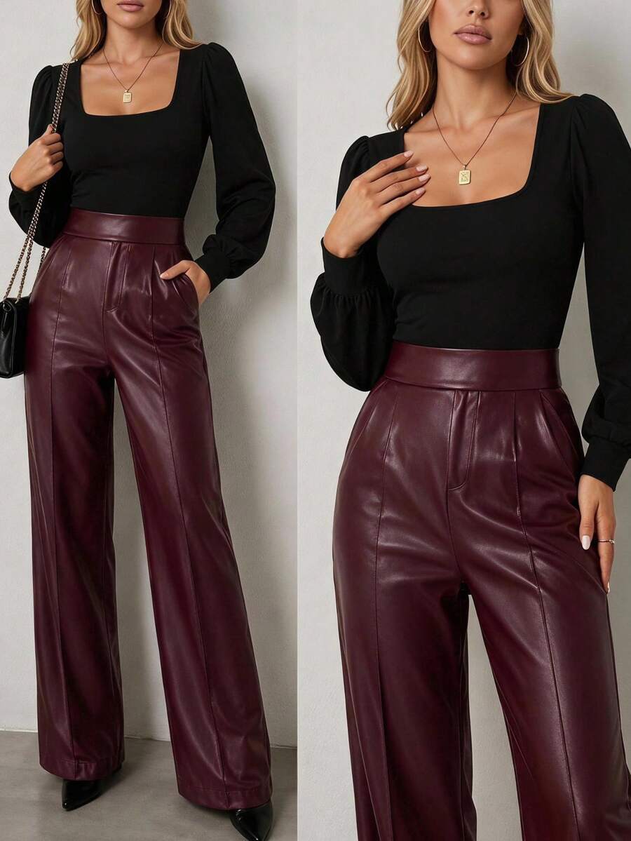 Women's High-Waisted Leather Pants With Pockets And A Slight Width Towards The Ankle., 37373 - Burgundy - View 1