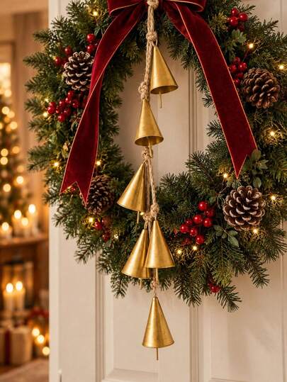 1 String Of 6 Gold Vintage Christmas Bells, Hanging Decoration, Living Room Wall Home Decor, Christmas Parade Decoration, Atmosphere Theme Party Backdrop, Suitable For Christmas Tree, Door Frame, Window Display, Creating Warm Vintage Holiday Atmosphere Hanging Soft Decoration