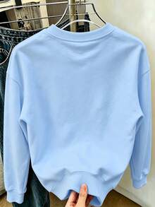 Girls Light Blue Crew Neck Sweatshirt, GOOD VIBES & Colorful Checkered Flower Loose Pullover Top - Blue - View 8