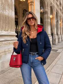Women's Reversible Hooded Puffer Jacket, Casual Quilted Zip-Up Outerwear With Drawstring Hood And Zip Pockets - Navy Blue - View 2