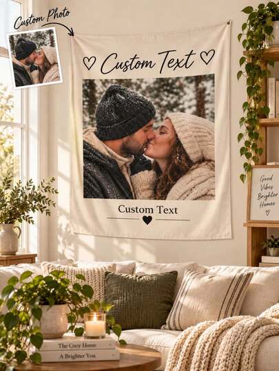 Tapiz de pared personalizado con foto, tela de poliéster personalizada con texto e imagen personalizados, decoración de pared de tela suave para dormitorio, sala de estar, decoración del hogar, regalo personalizado para pareja, recuerdos familiares, decoración de habitación estilo boho moderno