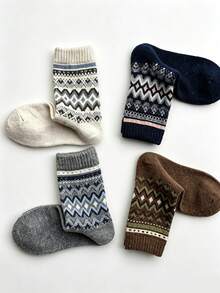 5 Pairs Men's Vintage Fair Isle Jacquard Mid-Calf Socks, Diamond Geometric Pattern Casual Socks For Daily Wear, Autumn/Winter - Multicolor - View 6