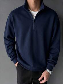 Men's Navy Blue Half-Zip Stand Collar Sweatshirt, Autumn/Winter Relaxed Drop Shoulder Commuter Casual Pullover - Navy Blue - View 11