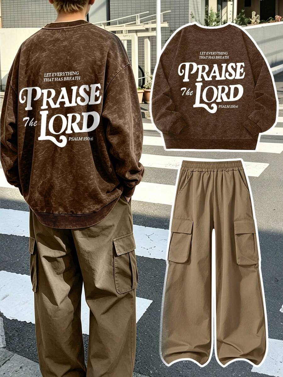 2pcs/Set Boys Outfit, Letter Print Crew Neck Sweatshirt With Pocket Casual Cargo Pants, New Autumn/Winter Comfortable Boys Set - Brown - View 1