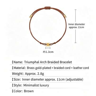 Hasbro 1pc Minimal Luxury Triumphal Arch Gold Plated Charm Bracelet, Adjustable Brown Braided Wax Rope Sliding Knot Wristband, Women Daily Elegant Stackable Jewelry Gift