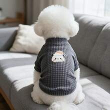 1PC Waffle Knit Dog T-Shirt, Cute Cartoon Panda Patch Half High Collar Pet Short Sleeve Shirt, Soft Stretchy Daily Clothes For Small Dogs Bichon Maltese Poodle - Dark Grey - View 7