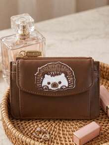 Retro Brown Wallet With Cute Animal Patch,PU Multi Card Holder,Zipper Coin Purse,Cute Cat Hedgehog Dog Card Wallet With Coin Pocket,Holiday Gifts - Multicolor - View 7