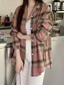 秋冬刷毛格紋襯衫 新款優雅寬鬆顯瘦復古中長版長袖外套 - 粉色 - 查看 2