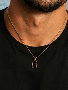 1pc Fashion Minimalist Stainless Steel Black Base Gold Edge Square Pendant Necklace, Durable Non-Fading Men's Collarbone Chain, Street Style Premium Accessory - Gold - View 6