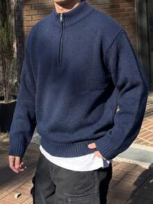 1pc Teen Boys' Fashionable Solid Color Comfortable Casual Pullover Sweater, Suitable For Outdoor, Layering Or Outerwear, Warm & Thick Knit, Autumn/Winter - Navy Blue - View 1