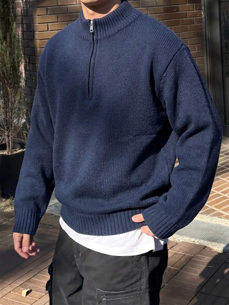 1pc Teen Boys' Fashionable Solid Color Comfortable Casual Pullover Sweater, Suitable For Outdoor, Layering Or Outerwear, Warm & Thick Knit, Autumn/Winter - Navy Blue - View 1