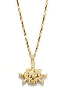 2pcs/Set Letter BABY Machine Gun Shaped Hip Hop Punk Necklace Exaggerated Men's Gold Chain Set, Vintage Punk Style, Suitable For Party, Gathering, Halloween, COS - Gold - View 4