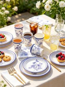 12/24/68 Piece Set, Blue And White Tableware, Butterfly Theme, 7-Inch Paper Tray, 9-Inch Paper Tray, Tissues, Paper Cups, Paper Trays, Food Trays, Party Trays, Bridal Showers, Receptions, Parties, Picnics, Camping, Barbecues And Other Festivals. - Multicolor - View 6