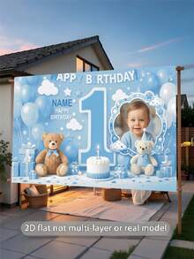 Customizable Name & Photo Blue 1st Birthday Teddy Bear Backdrop, Birthday Cake Cloud Flag Decor Design, Personalized Baby Shower Party Background, Photography Banner Prop, Vinyl Material - Blue - View 5