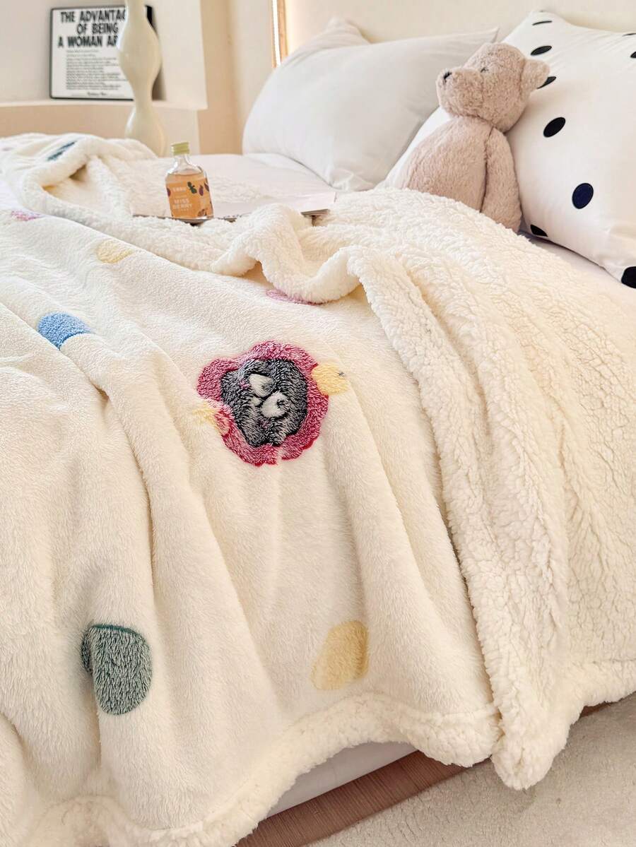 1pc Beige Cartoon Pattern Blanket, Warm & Thick, Soft & Comfortable, Suitable For Home Decor, Bed, Sofa, Office, Room Decoration, Dorm, Machine Washable, Back To School Dorm Decor College Decor - Beige - View 1