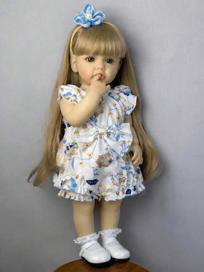 Muñeca Reborn Realista de 55cm 22 Pulgadas Body Completo de Vinilo Hecha a Mano Características de Recién Nacido Cabello Largo Marrón Natural Incluye Chupete Juego de Rol Regalo Coleccionable para Niños