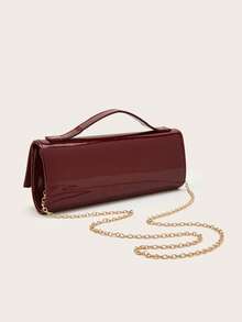 REMANLAND Glossy Burgundy Handbag, Minimalist Square Design, Gold Hardware Accents, Decorative Pendant Chain, Fashionable Choice For Dinner Dates And Parties - Burgundy - View 6