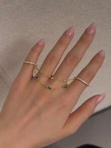 1 buah Cincin Jari Ganda Rantai Kristal Hijau Halus Warna Emas, Aksesori Jari Wanita yang Dapat Ditumpuk - Berlian imitasi - View 2