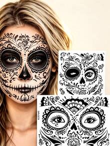 12 Sheets Halloween Sugar Skull Face Temporary Stickers, Day Of The Dead Floral Skull Full Face Stickers, Cosplay Festival Party Face Decorations - Multicolor - View 4