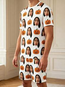1pc Customized Girlfriend Face Photo White Pumpkin Halloween Pajama Set, Personalized Short Sleeve Top And Shorts Loungewear Sleepwear Gift - Multicolor - View 6