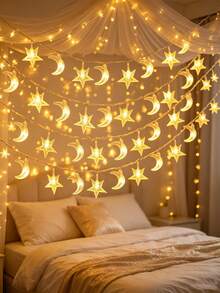 1pc 20/40LED,3/6m Star & Moon Battery Operated String Lights (Batteries Not Included), Fairy Tale Lights For Room Decor, Birthday Party, Wedding, Gift, All Seasons - Stars and Moon - View 4