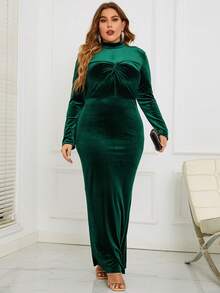 Plus Size Elegant Green Velvet Long Sleeve Stand Collar Fitted Dress For Formal Evening Party Holiday - Dark Green - View 4