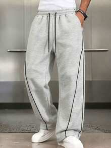 Men's Grey Loose Wide Leg Sweatpants, Drawstring Waist, Contrast Trim, Side Pockets, Open Hem - Light Grey - View 3