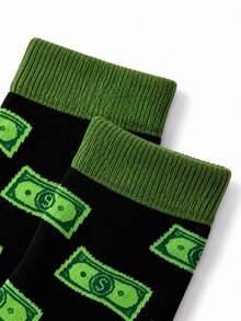 1/3/5 Pairs Men's Dollar Pattern Mid-Calf Socks, Black Base With Green Coin Design, Elastic And Comfortable. Unisex Style Suitable For All Seasons, Perfect For Daily Wear And Gifting. - Multicolor - View 7
