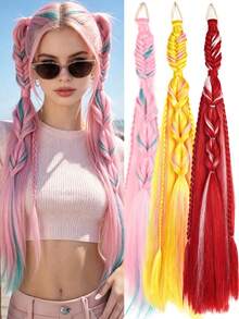 26inch Pink Braided Ponytail Extensions,Reusable Elastic Rubber Band Hair Accessory For Cosplay,Festival, Party And Daily Wear - Multicolor - View 1