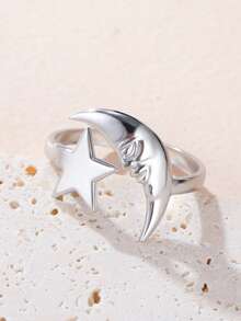 LIKGREAT 1pc Women's Fashion Stainless Steel Sun & Moon Shaped Open Ring, Unique Design, Unisex Gift - Fashion Series - View 7