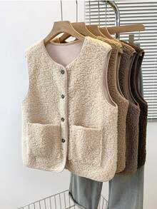 YUXIN Women's Autumn/Winter Essential! Soft Faux Lamb Fleece Sleeveless Cardigan Vest, Dual Pocket Design, Super Warm & Versatile, Suitable For Daily Wear - Apricot - View 4