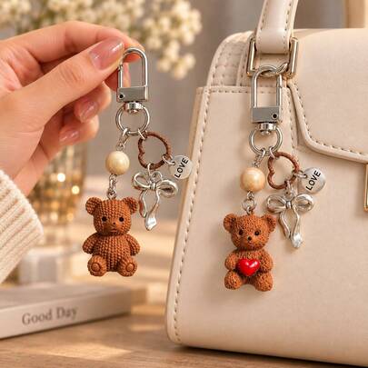 1pc/2pcs Women's 3D Resin Sitting Bear Pendant With Alloy Bowknot & LOVE Letter Charm, Cute Adorable Keychain Bag Charm Wallet Accessory