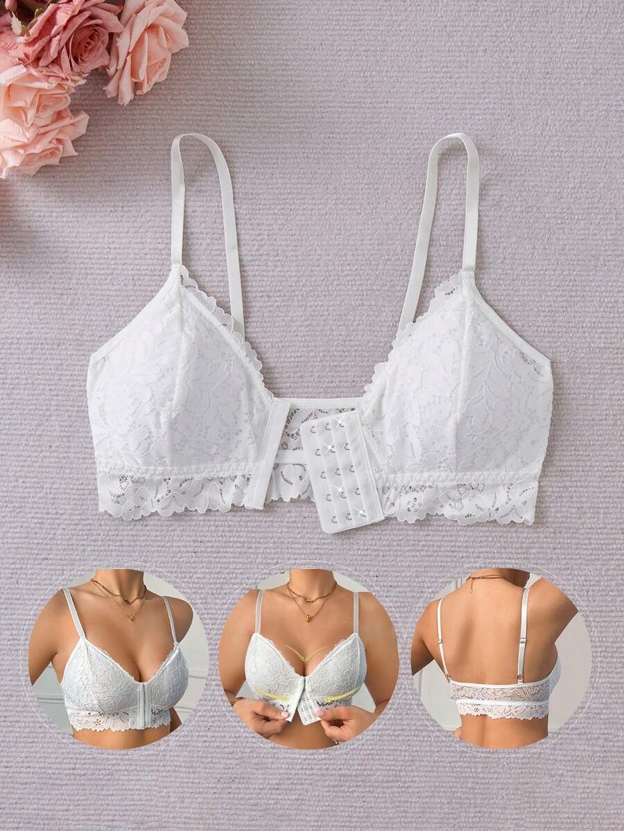 Women's Solid Color Lace Splicing Strap Front Closure Bra. - White - View 1