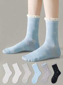 ZUJO 1 Pair/6 Pairs Women's Mid-Calf Socks, Bubble Cuff Bow Pattern, Comfortable, Sweat-Absorbent, Breathable, Classic Versatile For Daily Casual Wear, Suitable For Spring, Summer, Autumn, Random Color - Multicolor - View 4