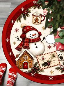 1pc Red Christmas Tree Skirt With Snowman And Bear Pattern, Classic Red Trim Snowflake Design, Round Base, Suitable For Standard Size Christmas Tree; Ideal For Winter Party And Home Holiday Decoration, Perfect Christmas Tree Accessory - Multicolor - View 10
