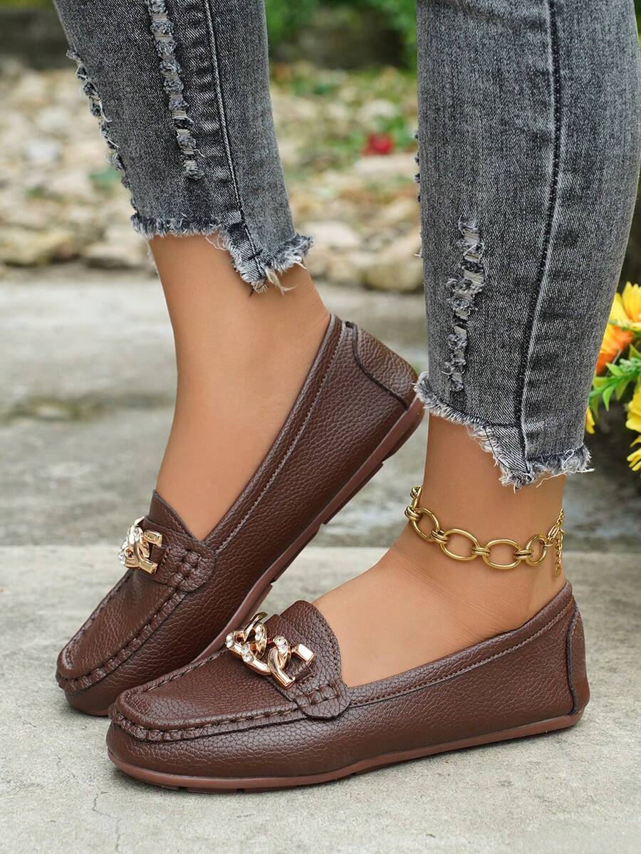 Women's Spring New Arrival Golden Chain Elegant Slip-On Loafers, Lightweight Comfortable Versatile Rubber Flat Shoes - Coffee Brown - View 1